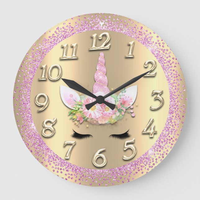 Unicorn Face Gold Crystal Girly Glitter Spark Pink Large Clock (Front)