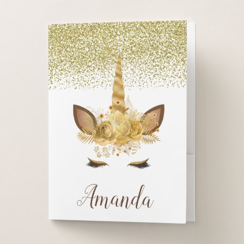 Unicorn Face Gold Glitter Confetti Personalized Pocket Folder