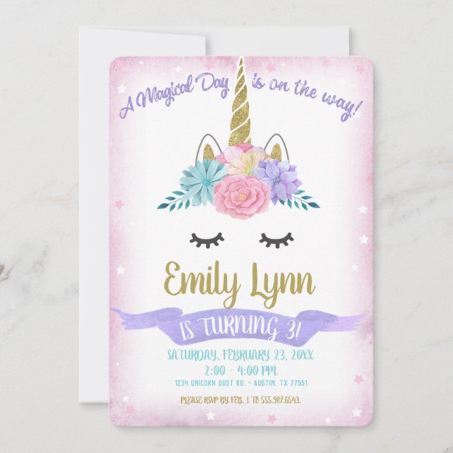 Unicorn Face Gold Glitter Magical Pastel Flowers Invitation (Front)