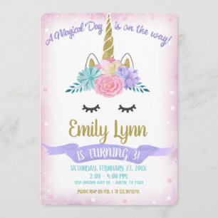 Unicorn Face Gold Glitter Magical Pastel Flowers Invitation