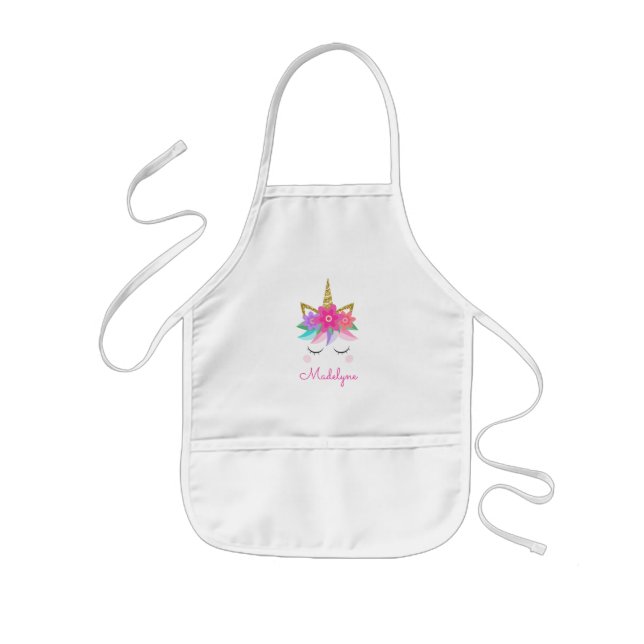 Unicorn Face Gold Glitter Personalized Name Kids' Apron (Front)