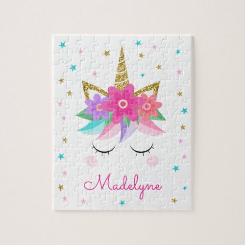 Unicorn Face Gold Glitter Stars Personalized Name Jigsaw Puzzle