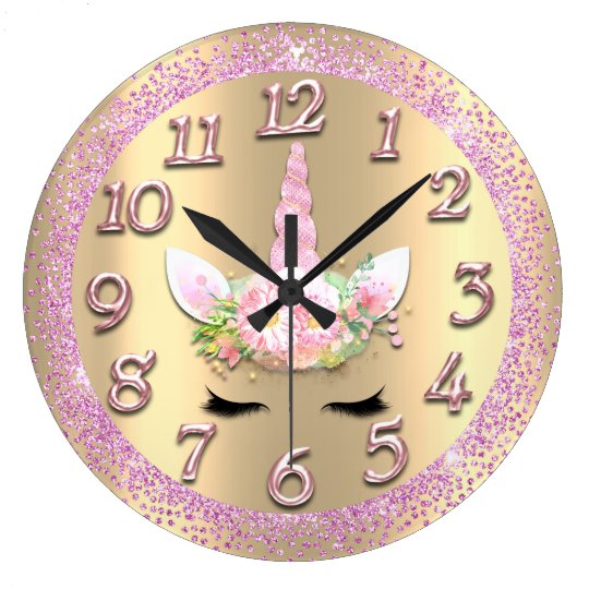 Unicorn Face Gold Numbers Girly Glitter Spark Pink Large Clock