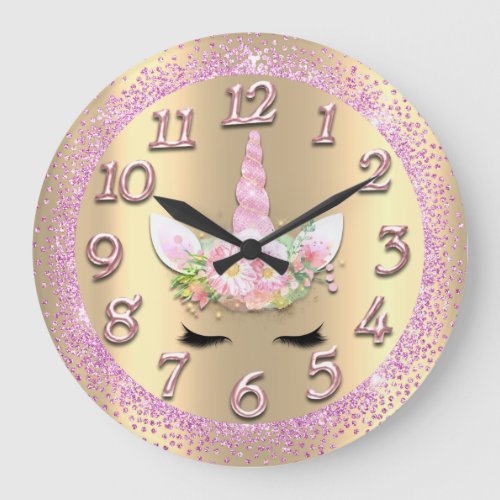 Unicorn Face Gold Numbers Girly Glitter Spark Pink Large Clock