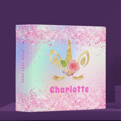 Unicorn face holographic pink gold glitter name 3 ring binder