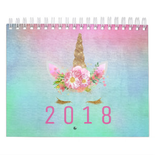 Unicorn Face Horn Glitter Pink Rose Aqua Watercolo Calendar