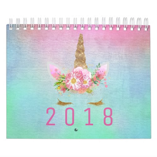 Unicorn Face Horn Glitter Pink Rose Aqua Watercolo Calendar