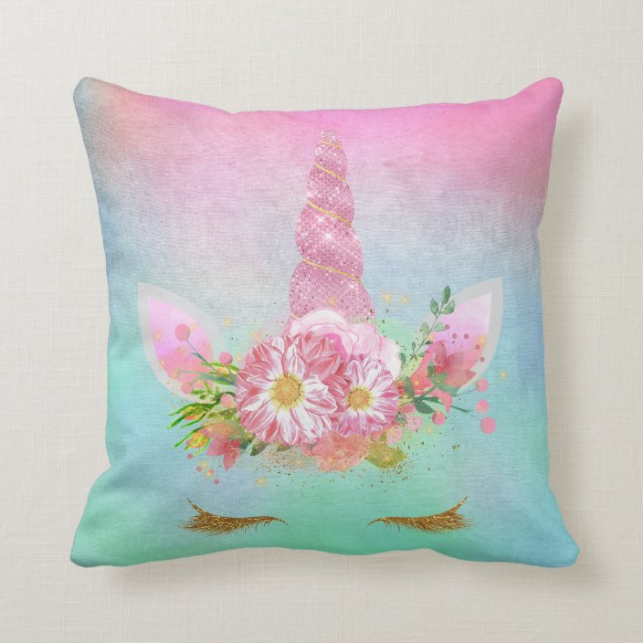 Unicorn Face Horn Lashes Pink Flowers Pastel Mint Throw Pillow