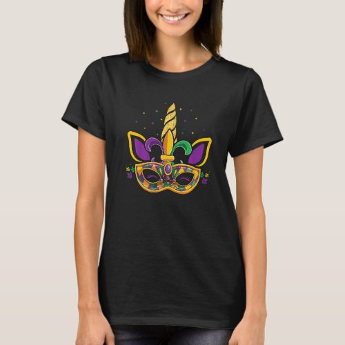 Unicorn Face Jester Mask Mardi Gras Carnival Girls T_Shirt