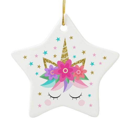 Unicorn Face Merry Christmas Glitter Ceramic Ornament