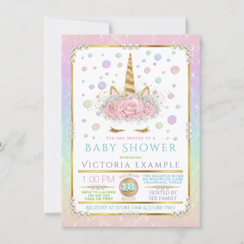 Unicorn Face Pearl Unicorn Baby Shower Invitations