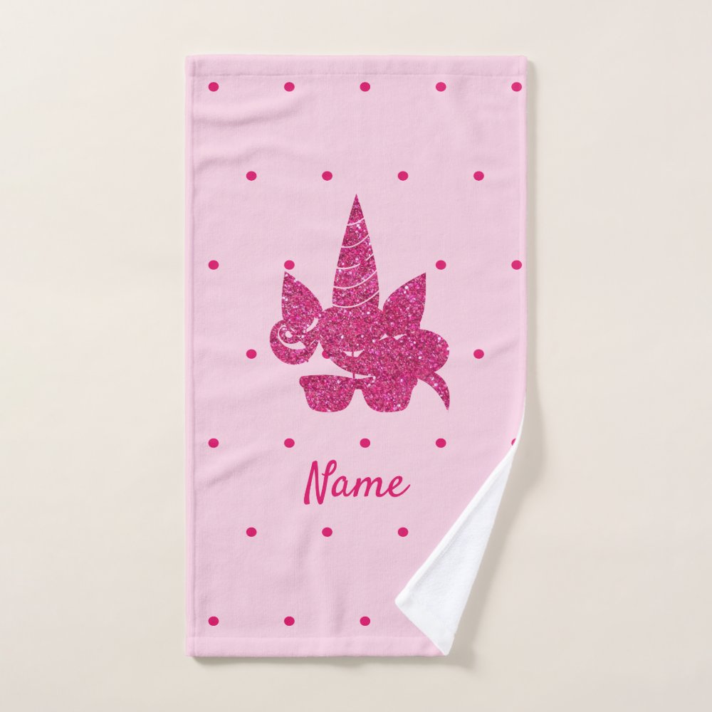 Unicorn Face Pink Glitter Girly Kids Bath Towel Set sold by
