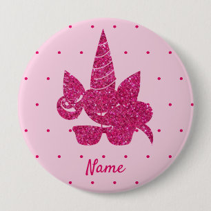 Unicorn Face Pink Glitter Girly Kids Button