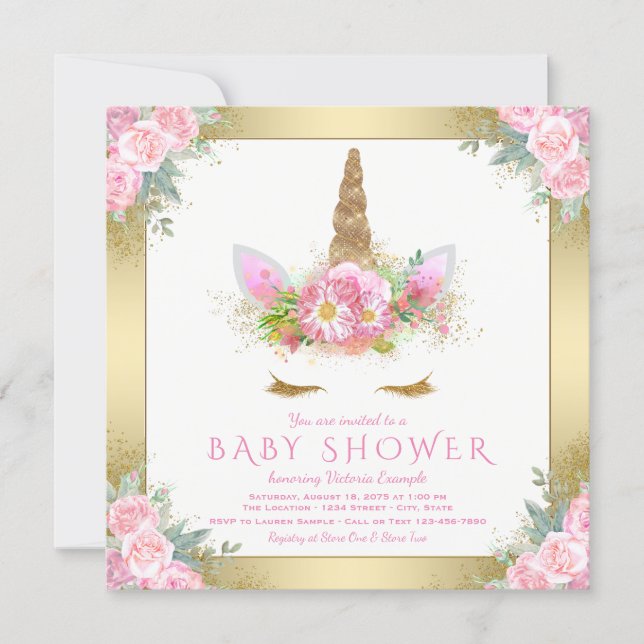 Unicorn Face Pink Gold Baby Shower Invitations (Front)
