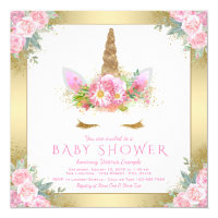Unicorn Face Pink Gold Baby Shower Invitations