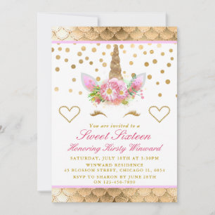 Unicorn Face Pink Gold Confetti Sweet 16 Invitation