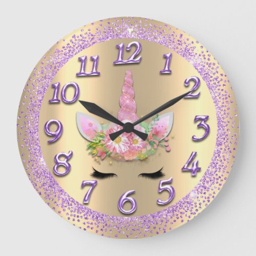 Unicorn Face Pink Gold Girly Glitter Spark Violet Large Clock