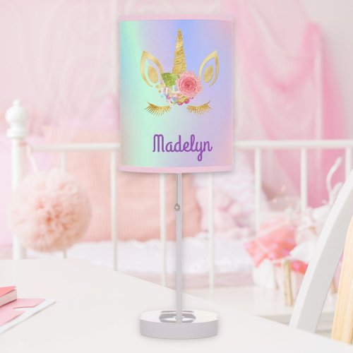 Unicorn face pink gold holographic name table lamp