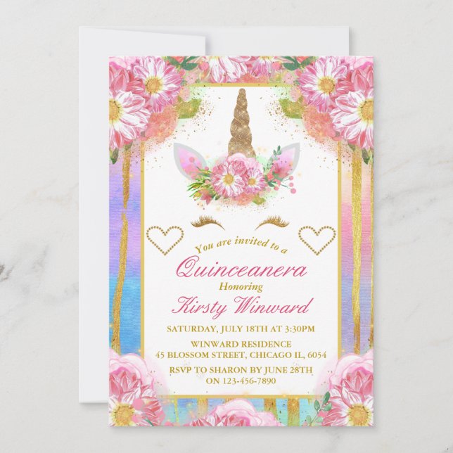 Unicorn Face Pink Gold Quinceañera Invitation (Front)