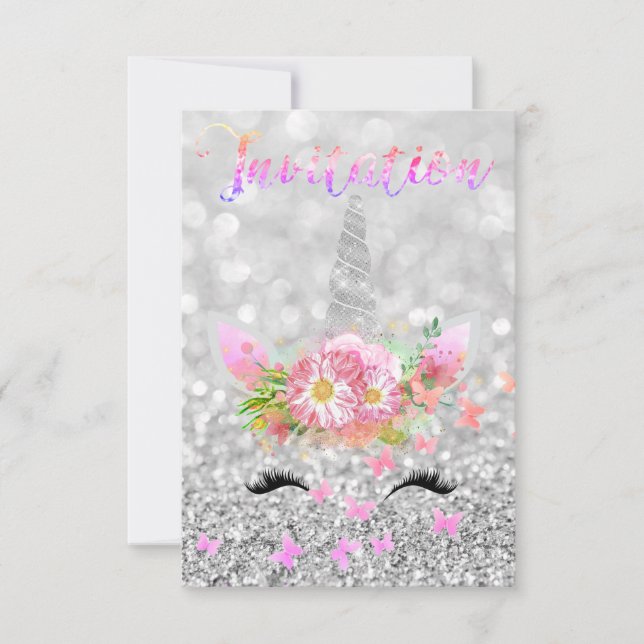 Unicorn Face Pink Gold Silver Gray Glitter Lashes Invitation (Front)
