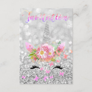 Unicorn Face Pink Gold Silver Gray Glitter Lashes Invitation