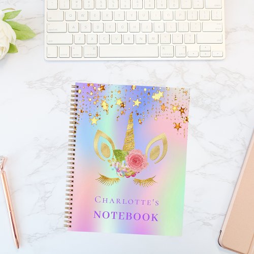 Unicorn face pink gold stars holographic notebook
