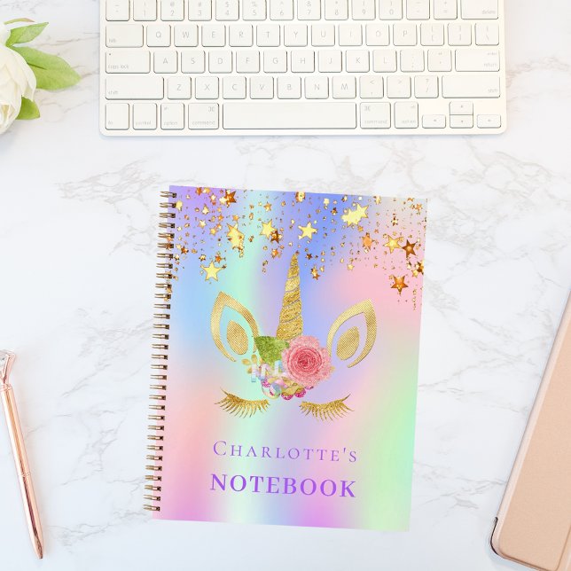 Unicorn face pink gold stars holographic notebook (Creator Uploaded)