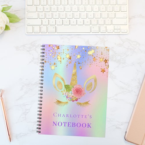 Unicorn face pink gold stars holographic notebook