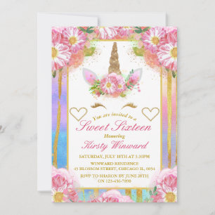 Unicorn Face Pink Gold Sweet 16 Invitation