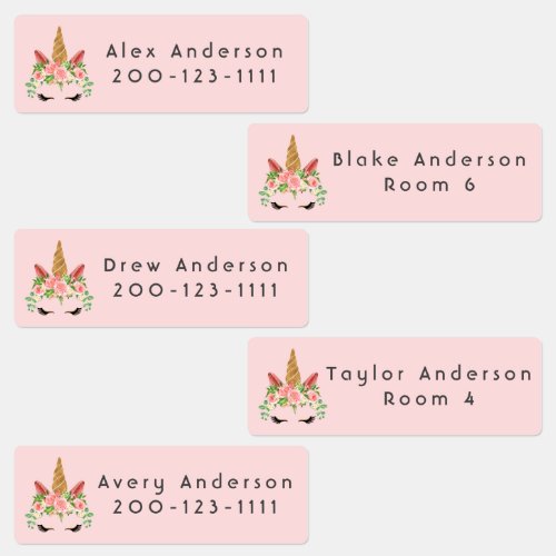 Unicorn Face Pink Personalized Kids Labels