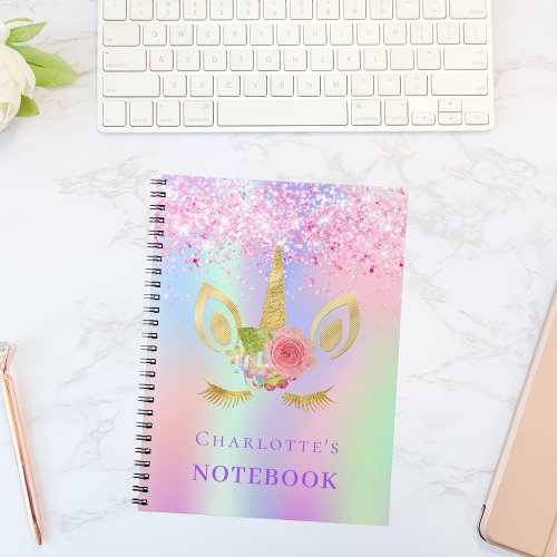 Unicorn face pink purple holographic girl notebook
