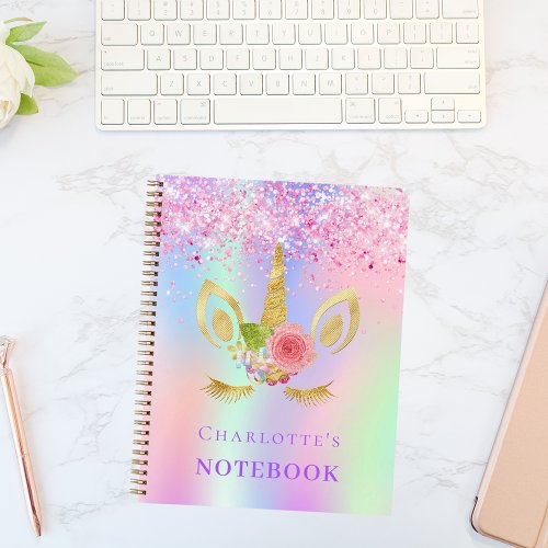 Unicorn face pink purple holographic girl notebook