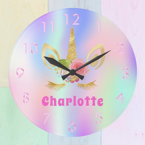 Unicorn face pink purple holographic name girl large clock