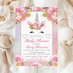 Unicorn Face Pink Silver Baby Shower Invitation