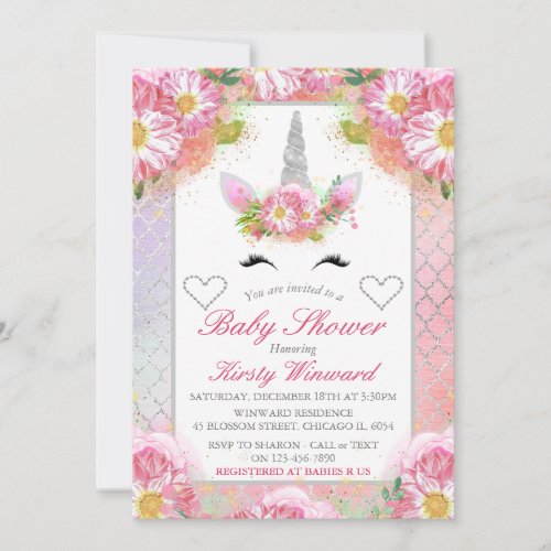 Unicorn Face Pink Silver Baby Shower Invitation