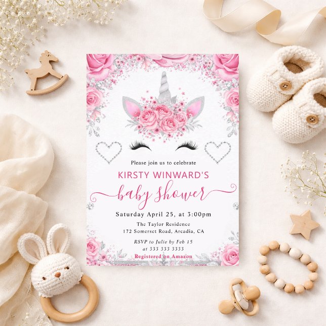Unicorn Face Pink Silver Baby Shower Square Invitation (Creator Uploaded)