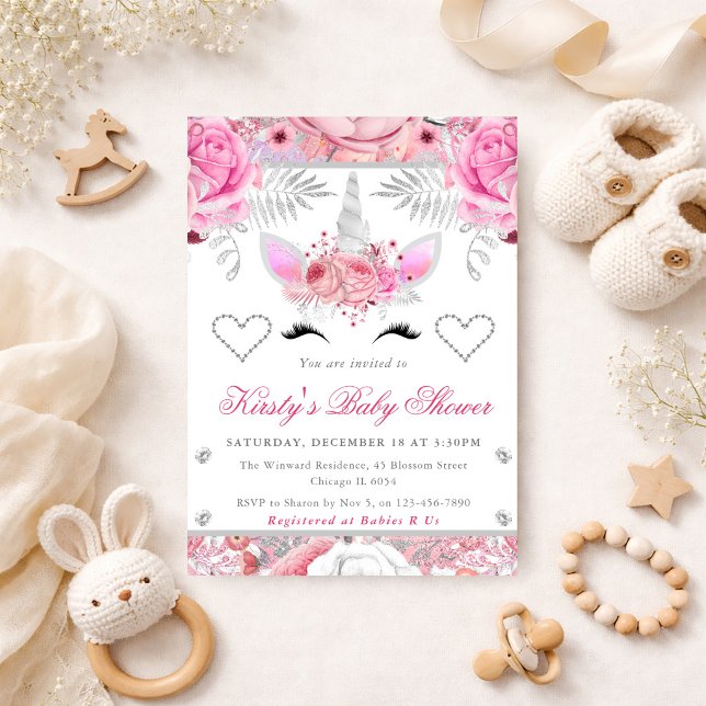 Unicorn Face Pink Silver Baby Shower Square Invitation (Creator Uploaded)