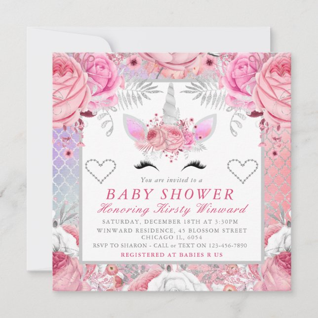 Unicorn Face Pink Silver Baby Shower Square Invitation (Front)