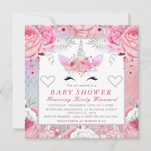 Unicorn Face Pink Silver Baby Shower Square Invitation