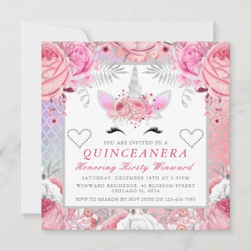 Unicorn Face Pink Silver Quinceanera Square Invitation