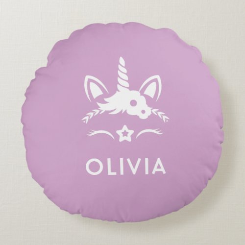 Unicorn Face Purple Personalized Name Round Pillow