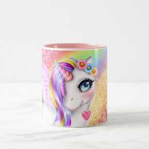 Unicorn face rainbow colors DIY girls name Two-Tone Coffee Mug