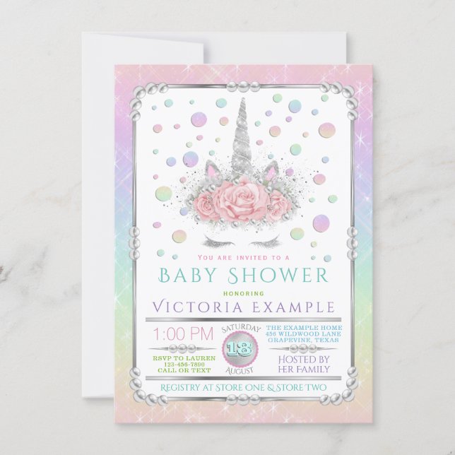 Unicorn Face Rainbow Pearl Baby Shower Invitations (Front)