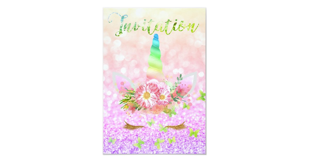 Unicorn Face Rose Gold Glitter Lashes Raibow Pink Invitation