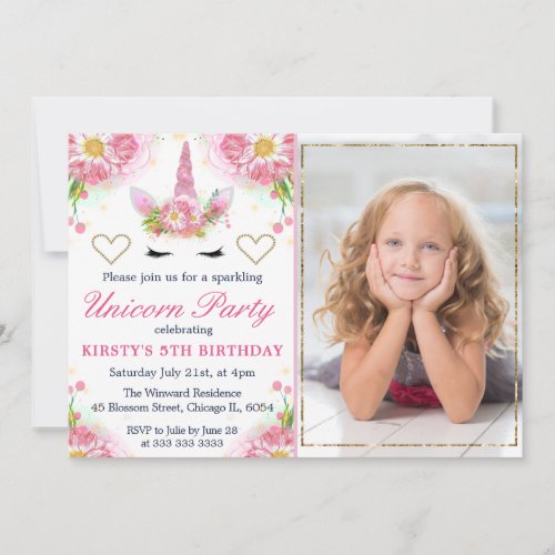 Unicorn Face  Watercolor Flowers Photo Birthday Invitation