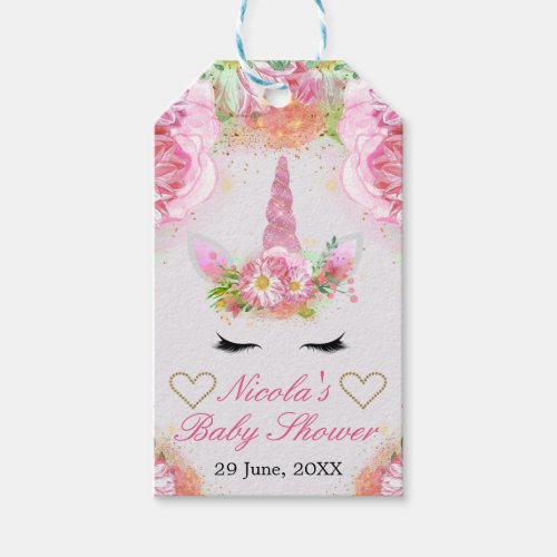 Unicorn Face  Watercolor Pink Flowers Baby Shower Gift Tags