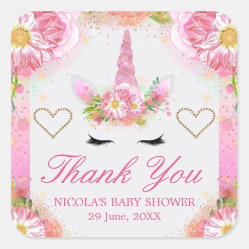 Unicorn Face  Watercolor Pink Flowers Baby Shower Square Sticker