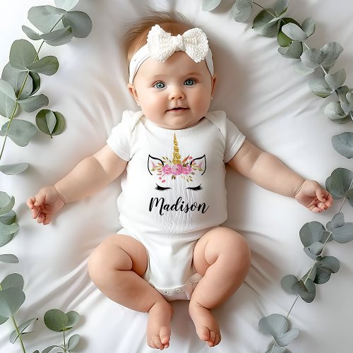 Unicorn Face With Eyelashes Personalized Name Baby Bodysuit