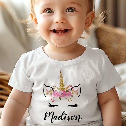 Unicorn Face With Eyelashes Personalized Name Baby T_Shirt