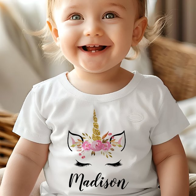 Unicorn Face With Eyelashes Personalized Name Baby T-Shirt (Creator Uploaded)
